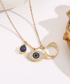 Stainless Steel Gold Plated American Diamond Studded Evil Eye Anti-Tarnish Pendant Necklace