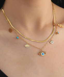 Gold Plated Stainless Steel Anti Tarnish Evil Eye themed Dual Strand Necklace For Women