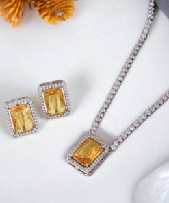 Silver Plated Crystal Studded Rectangular Colorful Anti Tarnish AD Necklace Set