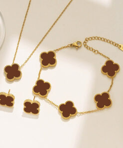 Stainless Steel Gold Plated Set Of Brown Anti Tarnish Clover Jewellery Set For Girls And Women