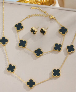 Stainless Steel Gold Plated Set Of Black Anti Tarnish Clover Jewellery Set For Girls And Women