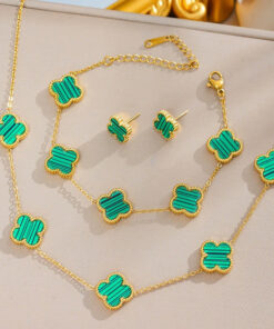 Stainless Steel Gold Plated Set Of Green Anti Tarnish Clover Jewellery Set For Girls And Women