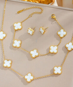Stainless Steel Gold Plated Set Of White Anti Tarnish Clover Jewellery Set For Girls And Women