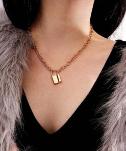 Glitzy Lock Design Gold Plated Chain Necklace For Women