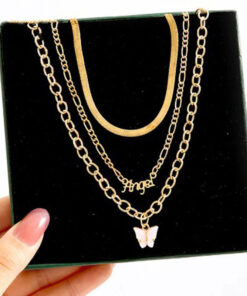 Gold Plated "Angel" Layered Necklace with a Butterfly Necklace For Women