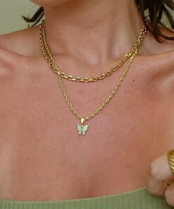 Aqua Butterfly Pendant With Golden Chain For Women