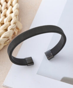 Black Silver Plated Stainless Steel Anti Tarnish Mesh Statement Cuff Bracelet For Men