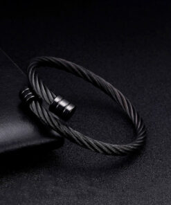Black Silver Plated Stainless Steel Anti Tarnish Rope Design Cuff Bracelet For Men