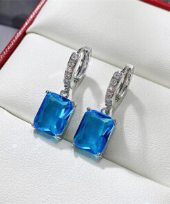 Silver Plated Anti Tarnish Blue Rectangular American Diamond Studded Crushed Ice Cut Drop Earrings
