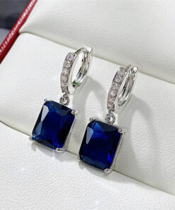 Silver Plated Anti Tarnish Navy Blue Rectangular American Diamond Studded Crushed Ice Cut Drop Earrings