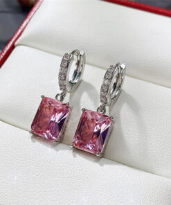 Silver Plated Anti Tarnish Pink Rectangular American Diamond Studded Crushed Ice Cut Drop Earrings
