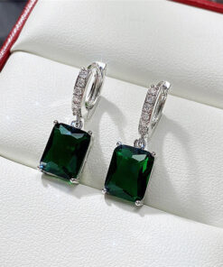 Silver Plated Anti Tarnish Green Rectangular American Diamond Studded Crushed Ice Cut Drop Earrings