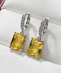 Silver Plated Anti Tarnish Yellow Rectangular American Diamond Studded Crushed Ice Cut Drop Earrings