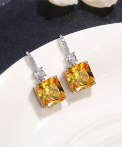 Silver Plated Anti Tarnish American Diamond Studded Yellow Square Shape Crushed Ice Cut Hanging Earrings