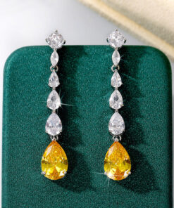 Silver Plated Anti Tarnish American Diamond Studded Yellow Teardrop Shape Crushed Ice Cut Drop Earrings