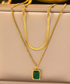 Gold-Plated Anti Tarnish Green Emerald Geometric Layered Necklace