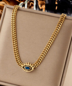 Gold Plated Stainless Steel Anti Tarnish Evil Eye themed Blue CZ Necklace For Women