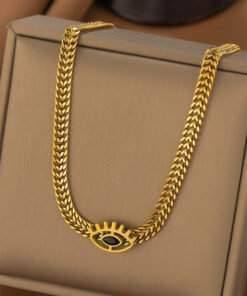 Gold Plated Stainless Steel Anti Tarnish Evil Eye themed Black CZ Necklace For Women