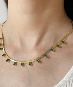 Gold Plated Stainless Steel Anti Tarnish Snake Chain Green Emerald Studded Necklace