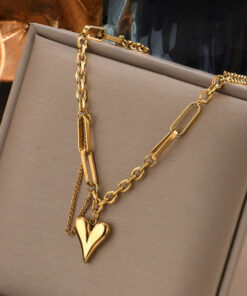 Gold Plated Stainless Steel Anti Tarnish Heart Themed Rope Chain Necklace For Women