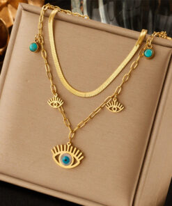 Gold Plated Stainless Steel Anti Tarnish Evil Eye themed Dual Strand Necklace For Women