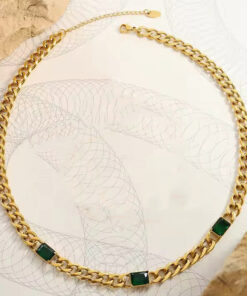 Gold Plated Stainless Steel Anti Tarnish Green Crystals Cuban Necklace