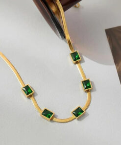 Gold Plated Stainless Steel Anti Tarnish Snake Chain Green Emerald Studded Necklace
