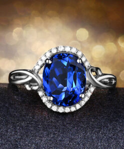 Silver Plated Anti Tarnish American Diamond Crushed Ice Cut Navy Blue Oval Finger Ring