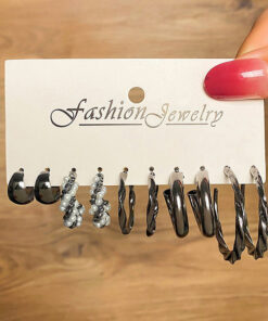 Black Silver Plated Black-Toned Contemporary Hoop Earrings Set of 5 For Women