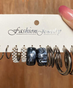 Black Silver Plated Black-Toned Contemporary Hoop Earrings Set of 5 For Women