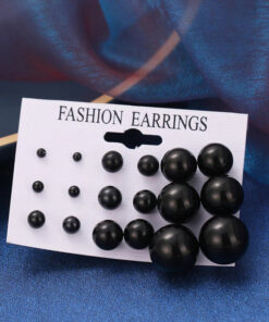 Black Silver Plated Stud Earrings Set of 9 For Women