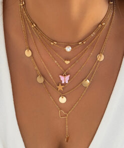 Gold-Plated Gold-Toned Pack of 7 Butterfly Layered Necklace