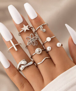 Women Set of 9 Silver Plated Adjustable Hug-Floral Finger Ring