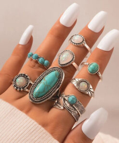 Women Set of 8 Silver Plated Turquoise Contemporary Finger Ring