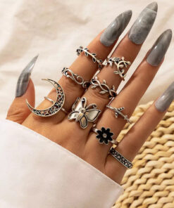 Women Silver Plated Contemporary Stackable Rings Set of 9