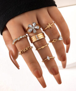 Women Set of 8 Gold Plated Adjustable Mom Floral Finger Ring
