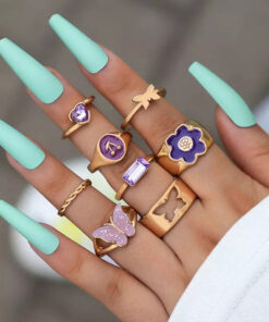 Women Set of 8 Gold Plated Purple Butterfly-Floral Finger Ring