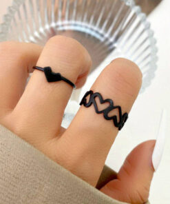Black-Plated Heart-Themed Ring Pack of 2 For Women