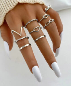 Delicate Heart Note Multi Designs Silver Plated Rings Set of 9 Mixed Sizes For Women