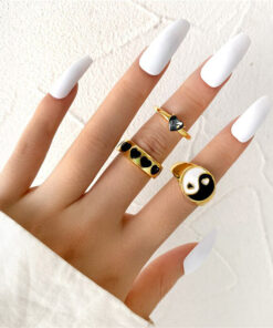 Black Gold Plated Yin-Yang inspired Stackable Rings Set of 3 For Women