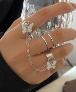 Silver Plated Butterfly Inspired Contemporary Chain Ring Set of 3 For Women