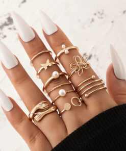 Women Set of 9 Gold Plated Adjustable Hug-Floral Finger Ring