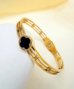 Gold Plated Stainless Steel Clover Themed Anti Tarnish Bangle Style Bracelet