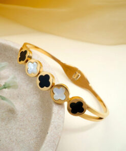 Gold Plated Stainless Steel Clover Themed Anti Tarnish Bangle Style Bracelet