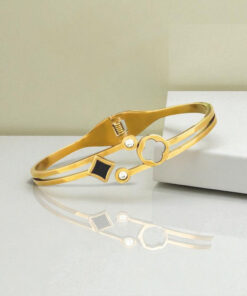 Gold Plated Stainless Steel Clover Themed Anti Tarnish Bangle Style Bracelet