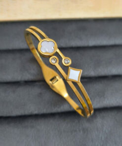 Gold Plated Stainless Steel Clover Themed Anti Tarnish Bangle Style Bracelet
