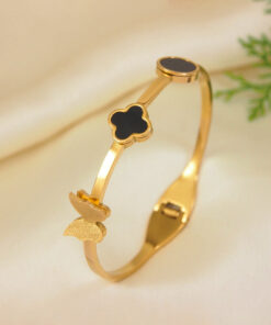 Gold Plated Stainless Steel Clover Themed Anti Tarnish Bangle Style Bracelet
