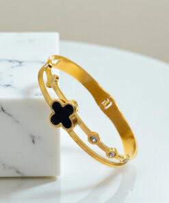 Gold Plated Stainless Steel Clover Themed Anti Tarnish Bangle Style Bracelet