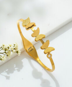 Gold Plated Stainless Steel Butterfly Themed Anti Tarnish Bangle Style Bracelet
