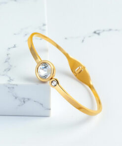 Gold Plated Stainless Steel Stone Embedded Anti Tarnish Bangle Style Bracelet